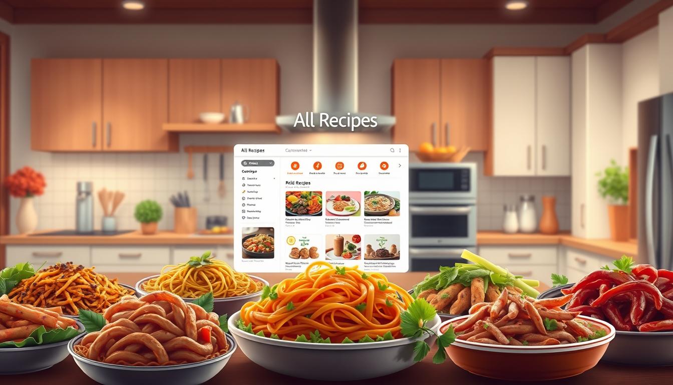 A stunning, highly detailed illustration of the unique features of the All Recipes platform. In the foreground, a series of vibrant, mouth-watering dishes take center stage, showcasing the rich variety of recipes available. In the middle ground, the sleek and intuitive All Recipes interface is depicted, with clean lines, easy-to-navigate menus, and personalized recommendations. The background is filled with a warm, cozy kitchen setting, complete with stainless steel appliances, a wooden countertop, and soft, diffused lighting that creates a welcoming atmosphere. The overall composition conveys the platform's user-friendly design, vast culinary knowledge, and commitment to providing an exceptional cooking experience for users.