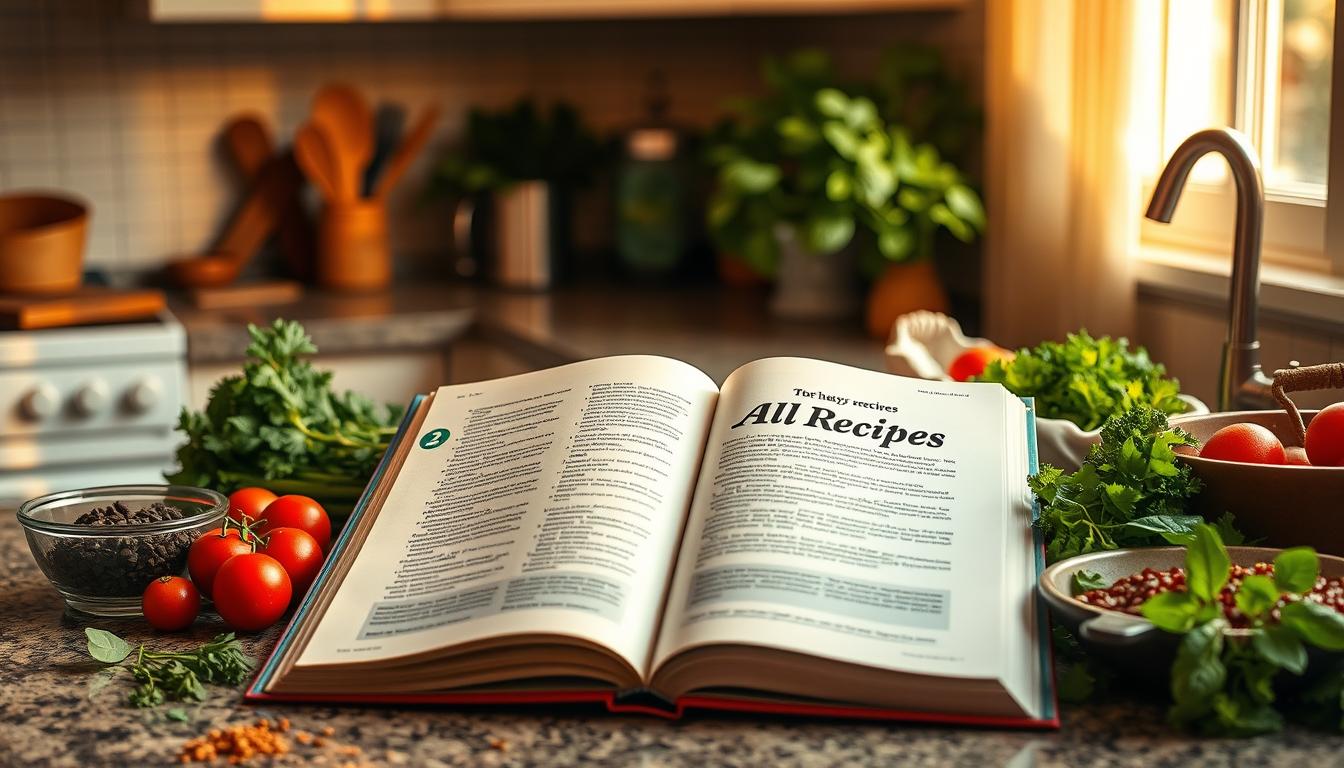A cozy, well-lit kitchen countertop with an open cookbook, surrounded by a variety of fresh, high-quality ingredients like herbs, vegetables, and spices. The cookbook's cover prominently displays the "AllRecipes" branding, conveying a sense of trusted, accessible culinary expertise. Warm, natural lighting from a window or overhead fixture casts a soft glow, creating an inviting and inspiring atmosphere for the home cook. The overall scene exudes a sense of simplicity, approachability, and the joy of home-cooked meals, perfectly capturing the essence of the "AllRecipes" cooking resource and its "easy recipes" ethos.