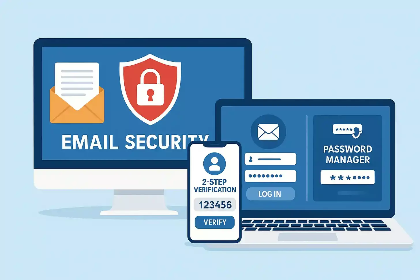 Various email security tools and software displayed on computer and mobile screens