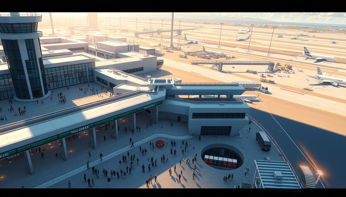 Detailed airport layout in Tycoon Airport game: a sprawling terminal with modern architecture, multiple boarding gates, luggage claim areas, and control tower. Bright natural lighting illuminates the bustling scene, with passengers navigating the concourses. Realistic textures and materials create a sense of depth and realism. Intricate runway system with taxiways, hangars, and service vehicles in the background. Convey the complex and dynamic nature of airport management and operations through a cinematic, high-fidelity visualization.