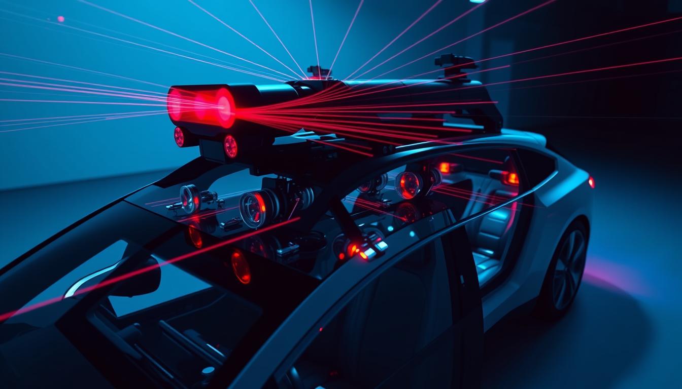 A detailed cross-section view of a self-driving car's LiDAR sensor array, featuring multiple rotating laser scanners mounted on the vehicle's roof. The sensors are depicted in an array of different colors, each scanning a distinct field of view. The image showcases the complex interplay of the LiDAR system, with the laser beams precisely mapping the surrounding environment in high resolution. The scene is bathed in a cool, blue-tinted lighting, creating a technical and futuristic atmosphere. The camera angle provides an insider's perspective, inviting the viewer to appreciate the intricate engineering powering autonomous driving capabilities.