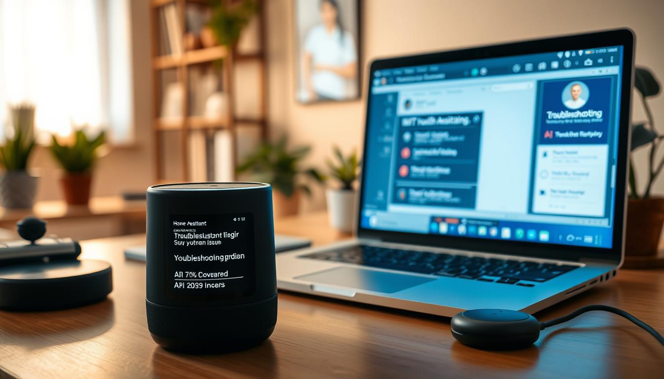 A sleek, modern home office with a desk, laptop, and various smart AI tools scattered around. The lighting is warm and diffused, creating a cozy yet productive atmosphere. In the foreground, an AI assistant device, like a voice-controlled speaker, is prominently displayed, its display showing troubleshooting options and diagnostics. In the middle ground, the laptop screen displays a virtual assistant interface, with indicators and menus for troubleshooting common issues. The background features a bookshelf, potted plants, and other decor, suggesting an environment conducive to focused work and problem-solving. The overall scene conveys a sense of the user-friendly, intuitive nature of advanced AI tools in the home environment.