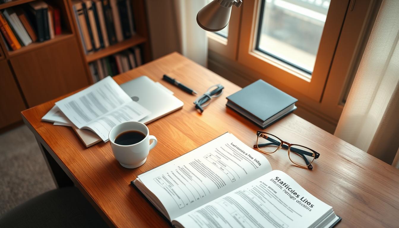 A cozy, well-lit study space with a wooden desk, a laptop, and an open statistics textbook. A cup of coffee and a pair of glasses sit nearby, creating an atmosphere of focused productivity. The background features a bookshelf filled with reference materials, hinting at the academic nature of the scene. The lighting is warm and inviting, creating a sense of comfort and concentration. The camera angle is slightly elevated, giving a birds-eye view of the organized workspace, conveying the importance and seriousness of the statistics homework help being provided.