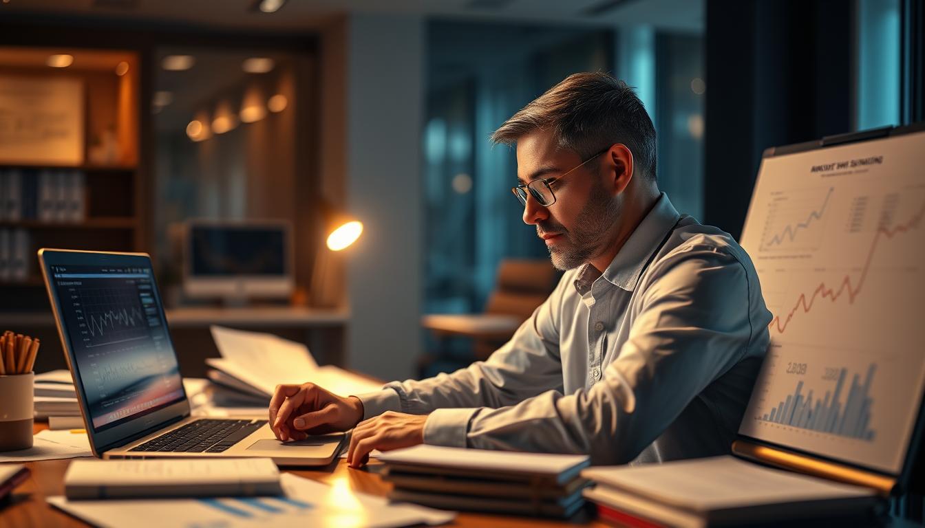 A statistician working diligently at a desk, surrounded by academic books, graphs, and a laptop displaying complex data visualizations. The lighting is warm and focused, creating a contemplative atmosphere. The angle is slightly elevated, emphasizing the statistician's deep concentration. The background is blurred, with subtle hints of a modern, professionally-furnished office space. The overall mood conveys expertise, professionalism, and the importance of hiring a skilled statistician to tackle complex statistical homework and analysis.