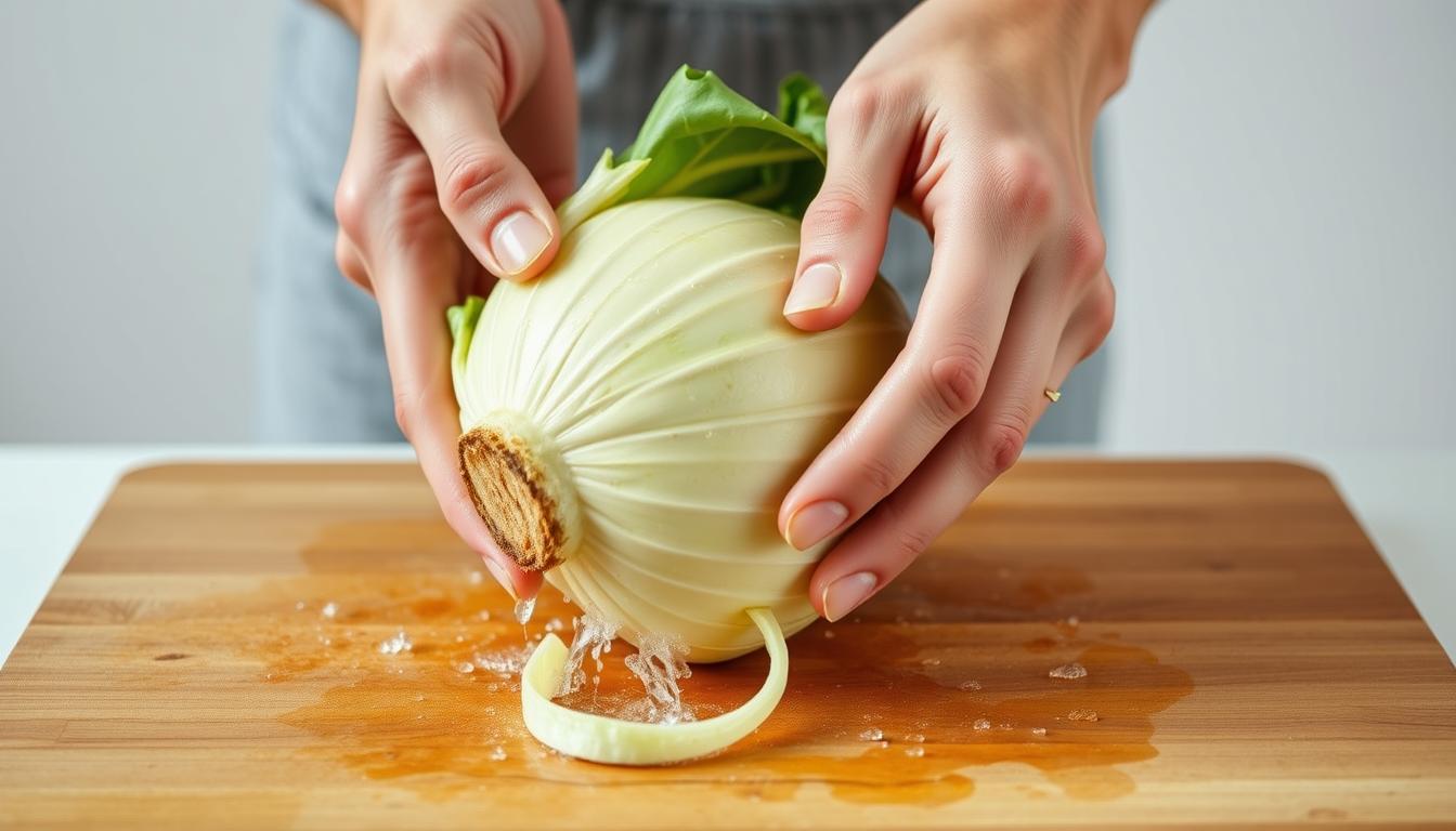 A close-up view of a person's hands gently washing and peeling a fresh, vibrant kohlrabi. The kohlrabi is placed on a clean, wooden cutting board against a soft, neutral background. The lighting is natural and diffused, highlighting the intricate textures and vibrant colors of the vegetable. The fingers expertly remove the tough outer skin, revealing the crisp, pale green flesh underneath. The overall mood is one of care, attention to detail, and the appreciation of the simple, honest process of preparing this versatile vegetable.