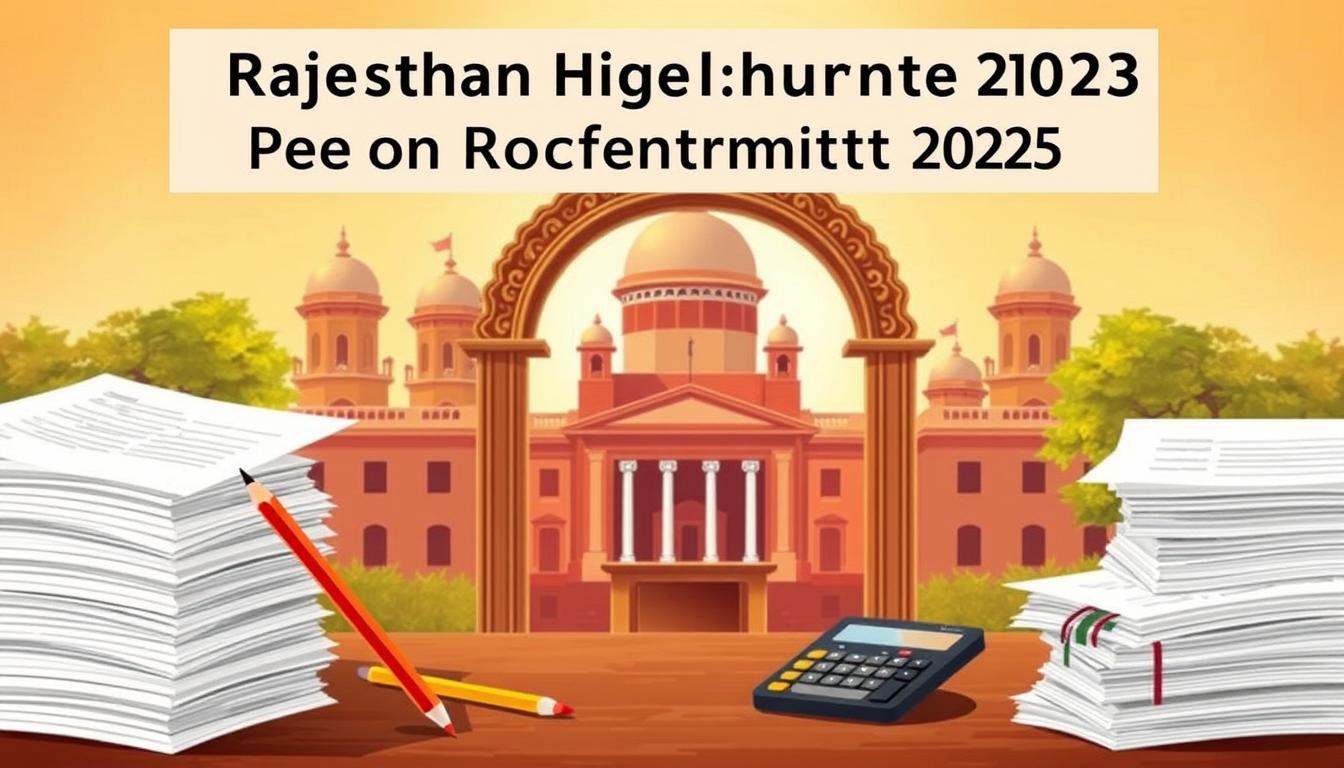 A detailed illustration showcasing the examination pattern for the Rajasthan High Court Peon Recruitment 2025. In the foreground, a stack of exam papers, pencils, and a calculator symbolize the written test components. In the middle ground, an ornate archway typical of Rajasthani architecture frames a podium, representing the interview stage. The background features the iconic domes and spires of the Rajasthan High Court building, bathed in warm, golden light to convey a sense of authority and tradition. The overall scene depicts the comprehensive assessment process in an visually striking, yet informative manner.