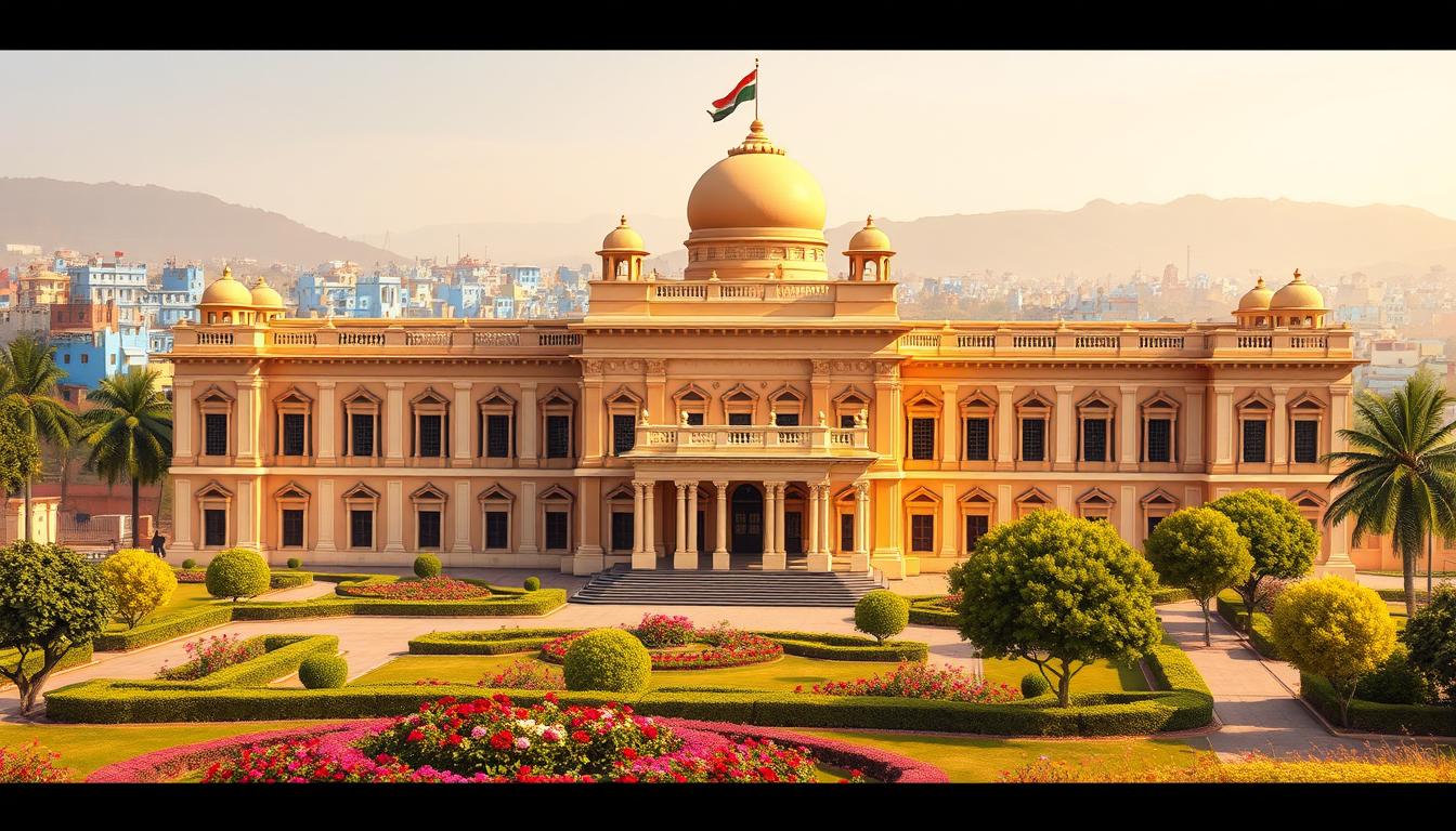 A highly detailed and architecturally accurate illustration of the Rajasthan High Court building, rendered in a realistic and photorealistic style. The building should be prominently featured in the foreground, with crisp lines, intricate details, and a warm, inviting color palette. The middle ground should depict the court's lush, well-manicured gardens, with vibrant flowers and neatly trimmed shrubs. The background should showcase the vibrant cityscape of Jodhpur, with its iconic blue buildings and bustling streets. The lighting should be natural and warm, creating a sense of grandeur and dignity befitting the esteemed institution. The overall composition should convey the authority, tradition, and excellence of the Rajasthan High Court.