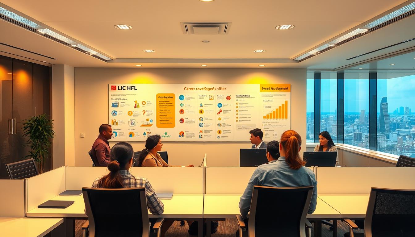 A serene office environment with sleek desks and modern chairs, illuminated by warm overhead lighting. In the foreground, a group of LIC HFL employees engaged in a lively discussion, their body language suggesting collaboration and career progression. The middle ground features a large display board showcasing various career development opportunities, colorful icons, and infographics. In the background, a panoramic view of a bustling city skyline, symbolizing the broad horizons and growth potential within the organization. The overall scene conveys a sense of professionalism, opportunity, and a vibrant corporate culture that nurtures employee advancement.