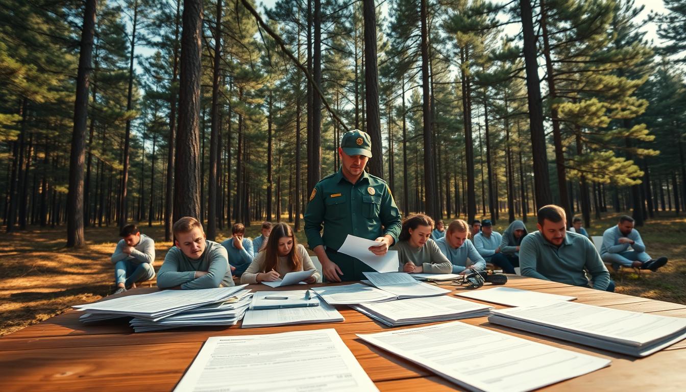 A serene forest landscape, with a forest ranger dressed in green uniform standing at the center, examining documents and maps. In the foreground, various recruitment application forms and documents are neatly arranged on a wooden table. The middle ground showcases a group of prospective candidates undergoing a written exam, their faces focused and determined. In the background, towering pine trees sway gently in the breeze, casting dappled sunlight across the scene. The overall atmosphere conveys a sense of professionalism, attention to detail, and the rigorous selection process involved in becoming a forest ranger. Captured with a medium-wide angle lens, the scene is illuminated by warm, natural lighting that enhances the earthy tones of the environment.