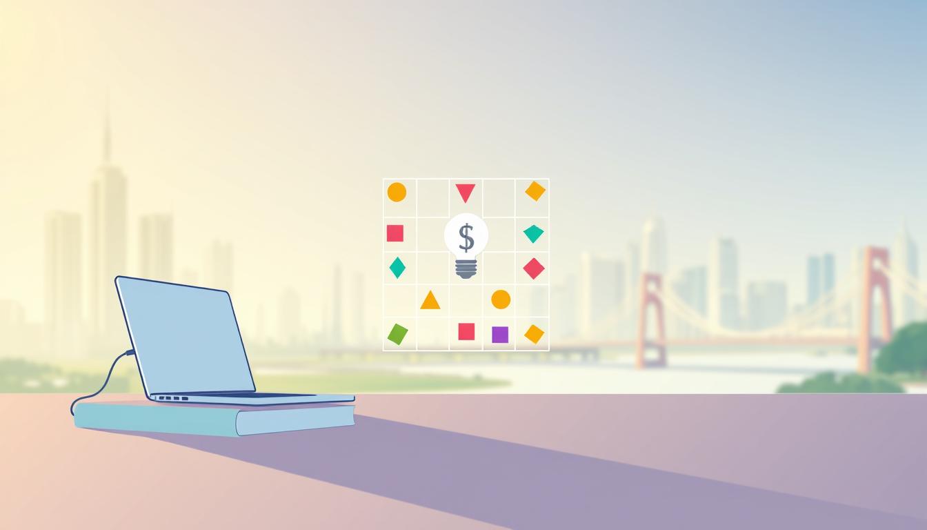 A sleek, minimalist illustration showcasing low-cost entrepreneurship strategies. In the foreground, a simple line-art representation of a startup toolkit - a laptop, a lightbulb, and a dollar sign, conveying the core essentials of a lean business. The middle ground features a geometric grid of colorful shapes, symbolizing the versatile, modular nature of low-investment opportunities. In the background, a soft, blurred cityscape with skyscrapers and bridges, hinting at the urban landscape that nurtures innovative startups. The overall mood is one of optimism, efficiency, and limitless potential, captured through a clean, modern aesthetic and a carefully balanced composition.