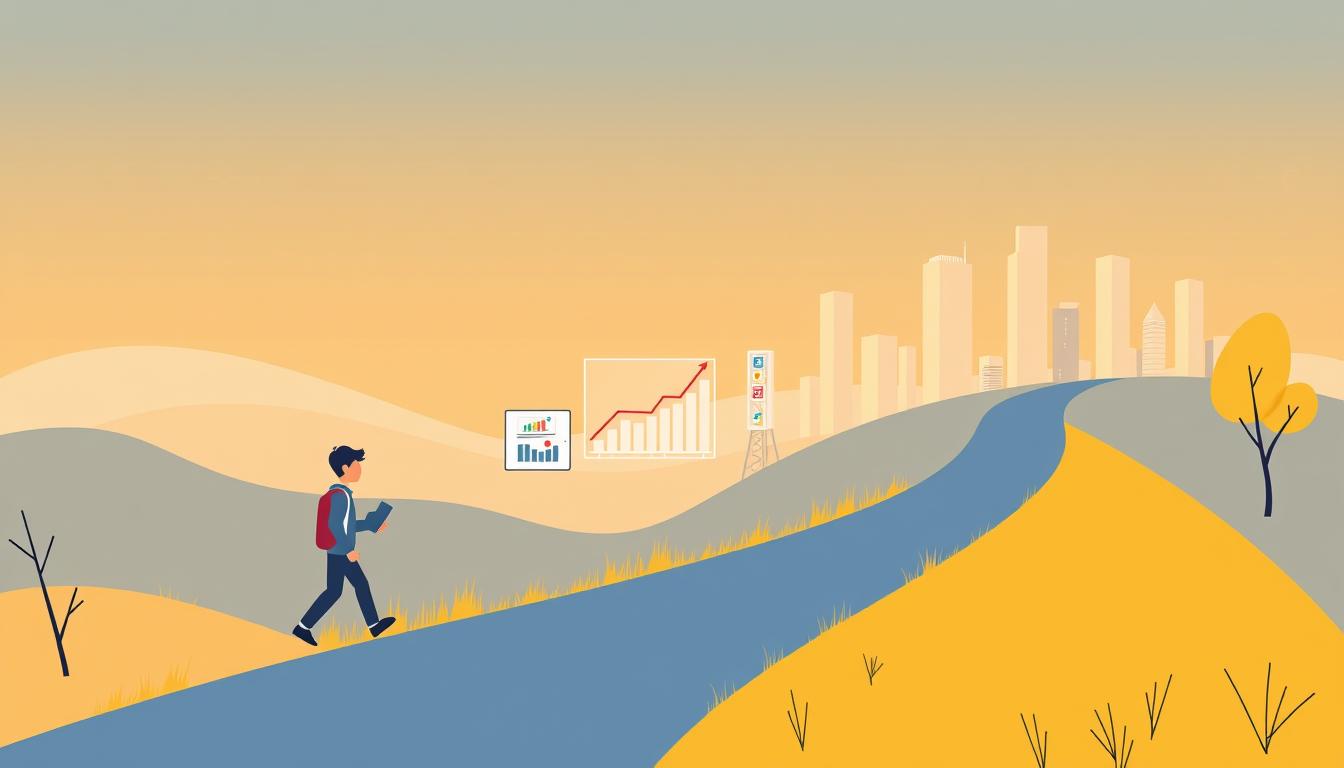A vibrant, minimalist illustration of a startup journey, showcasing the essential qualities of a successful budget-friendly business. In the foreground, a stylized entrepreneur navigates a winding path, steadily building their venture with grit and determination. The middle ground features a collection of streamlined, modular startup components - a laptop, a graph chart, and a simple product prototype. The background depicts a sleek, futuristic cityscape, symbolizing the potential for scalability and growth. The scene is bathed in a warm, optimistic light, conveying a sense of momentum and possibility. Rendered in a clean, vector-based aesthetic with muted, earthy tones, evoking a mood of pragmatic innovation.