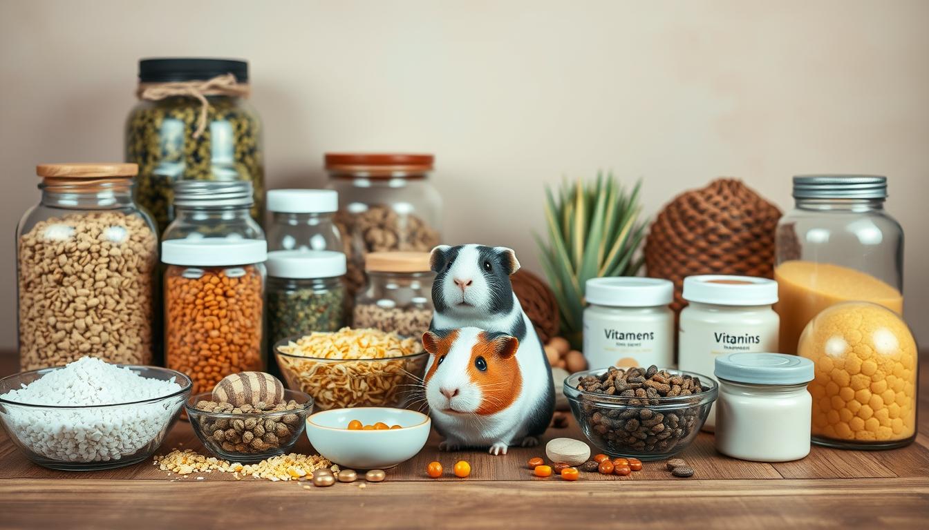 Guinea pig sitting beside various vitamin and mineral supplement jars and capsules on a white wooden surface What kinds of supplements do guinea pigs need?