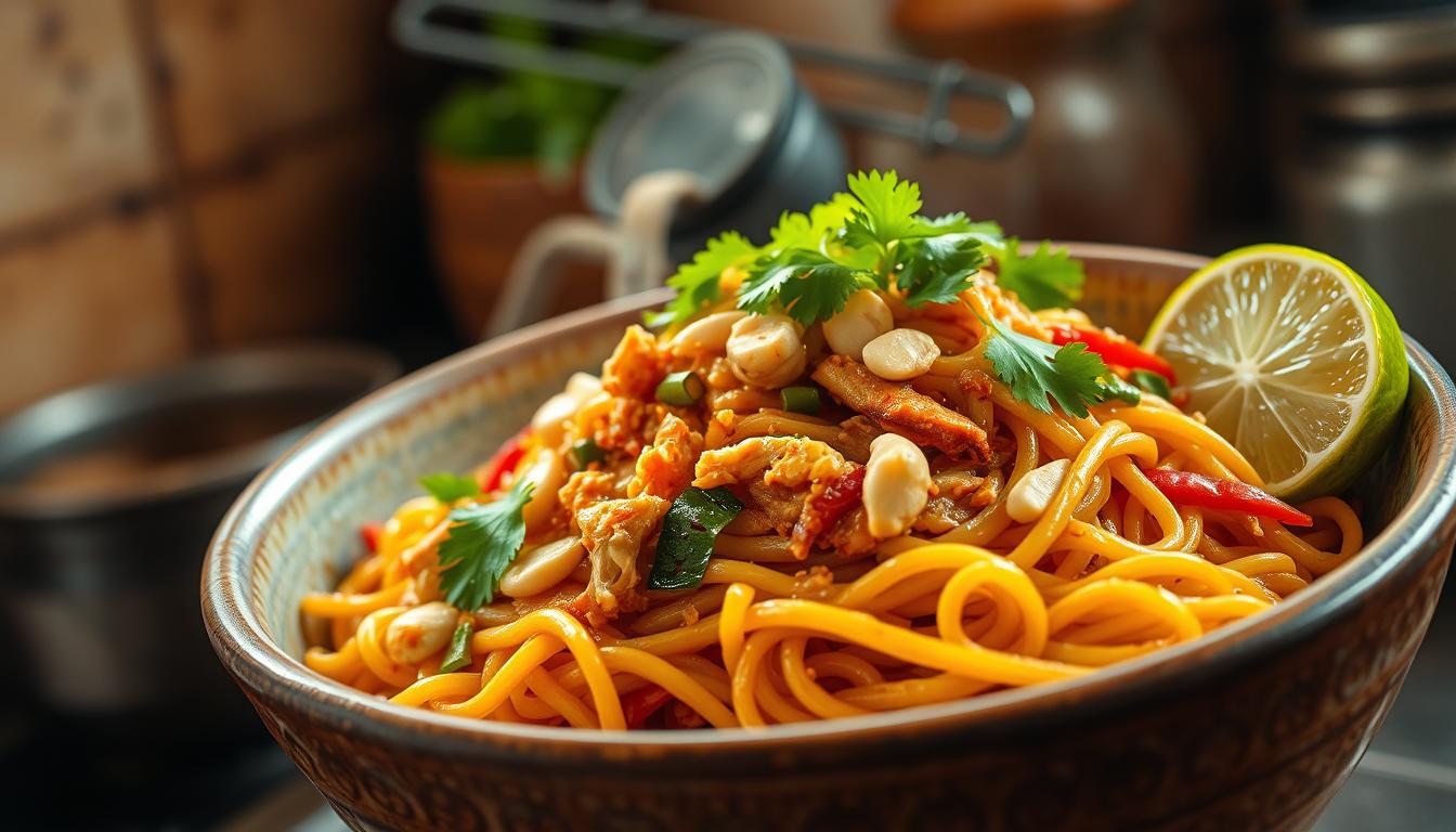 A rustic kitchen setting with a close-up view of a steaming bowl of Singapore noodles. The noodles are stir-fried to a perfect golden-brown, tossed with shredded chicken, vibrant bell peppers, and aromatic spices. The dish is garnished with fresh cilantro, crushed peanuts, and a generous squeeze of fresh lime. The lighting is warm and natural, casting a soft glow on the textured ceramic bowl and the intricate details of the noodle dish. The camera angle is slightly elevated, creating a sense of depth and highlighting the layers of flavors and textures.