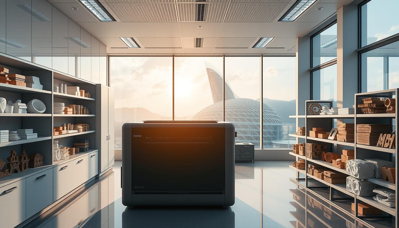 A sleek, modern laboratory setting with a prominent 3D printer commanding the foreground. Innovative 3D printing materials are displayed on nearby shelves, their diverse textures and colors hinting at the endless possibilities for architectural applications. Soft, directional lighting casts dynamic shadows, emphasizing the intricate details of the materials. In the background, a panoramic window offers a glimpse of a cutting-edge architectural structure, suggesting the seamless integration of these innovative 3D printing solutions. An atmosphere of forward-thinking innovation and technological advancement permeates the scene.