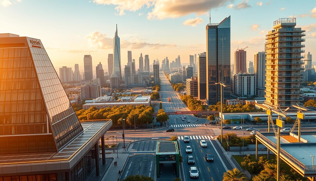 A modern city skyline bathed in a warm, golden glow, showcasing a network of interconnected structures and systems. In the foreground, a sleek, futuristic building with gleaming glass facades and integrated solar panels. Surrounding it, a grid of smart streetlights, electric vehicle charging stations, and sensors monitoring traffic flow and environmental data. In the middle ground, driverless vehicles navigating the streets alongside pedestrians, their paths optimized for efficiency and sustainability. In the background, a panoramic view of the cityscape, with skyscrapers and green spaces seamlessly integrated, reflecting the harmonious balance of technology and nature. An atmosphere of innovation, progress, and a vision for a sustainable, digitally-empowered urban future.