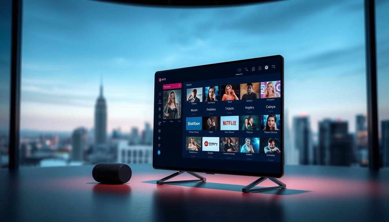 Proiptvstream - a privacy-focused IPTV service offering access to a wide range of adult content channels. A sophisticated virtual studio setup with softly diffused lighting accentuates the sleek, discrete interface of the Proiptvstream app, displayed on a modern touchscreen device. The background is a serene, blurred cityscape, hinting at the global reach and discreet nature of this premium IPTV solution designed for the discerning adult viewer.