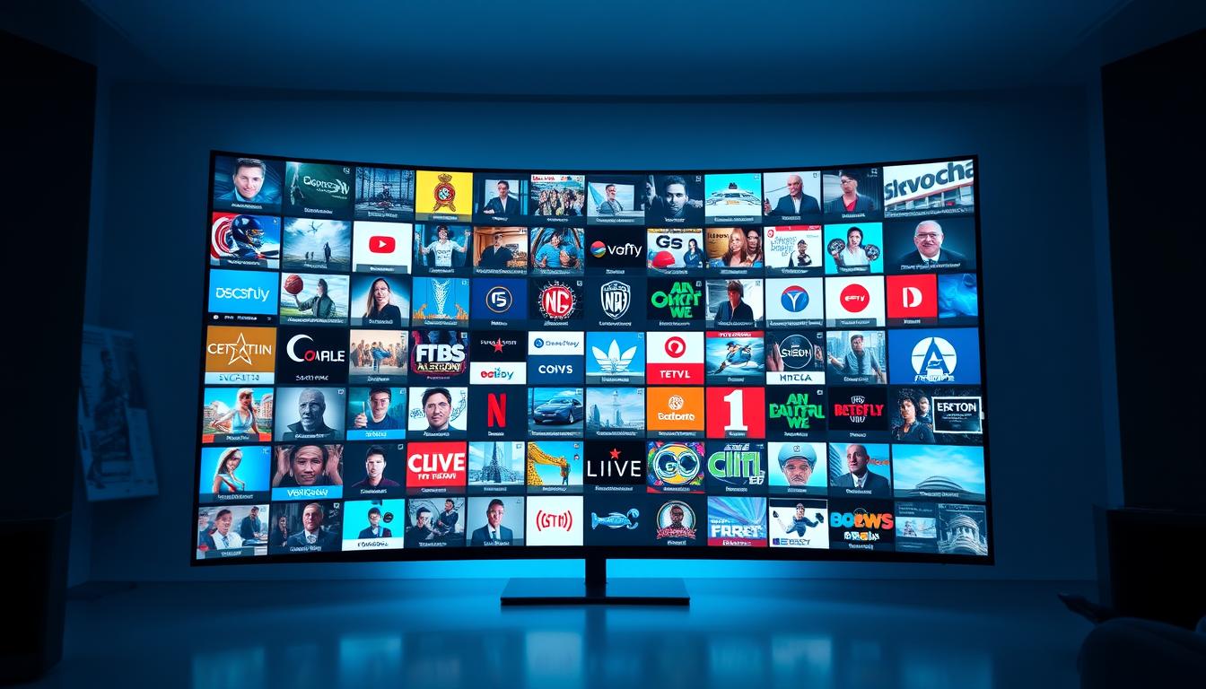 A vast array of live TV channels displayed on a sleek, high-tech user interface. The screen is divided into a grid of individual channel thumbnails, showcasing a diverse range of content from news to sports to entertainment. The channels are organized by categories, making it easy to navigate and find your desired programming. The overall scene has a modern, minimalist aesthetic, with a cool, blue-tinted color palette. The lighting is soft and even, creating a sense of depth and clarity. The camera angle is slightly elevated, providing an overview of the dynamic and engaging IPTV experience.