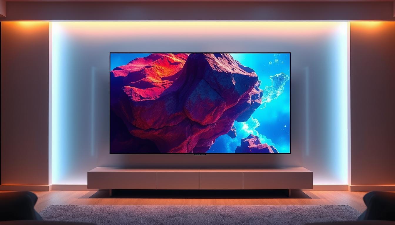 Majestic 8K television screen displaying vibrant, crystal-clear imagery in a sleek, minimalist home entertainment setup. Soft, warm lighting illuminates the screen, creating an immersive, cinematic atmosphere. The display showcases stunning, high-resolution visuals with lifelike details and rich, saturated colors, as if the viewer is transported into the heart of the action. A sense of technological advancement and premium quality pervades the scene, reflecting the exceptional viewing experience promised by ProIPTV's exclusive 8K resolution feature.