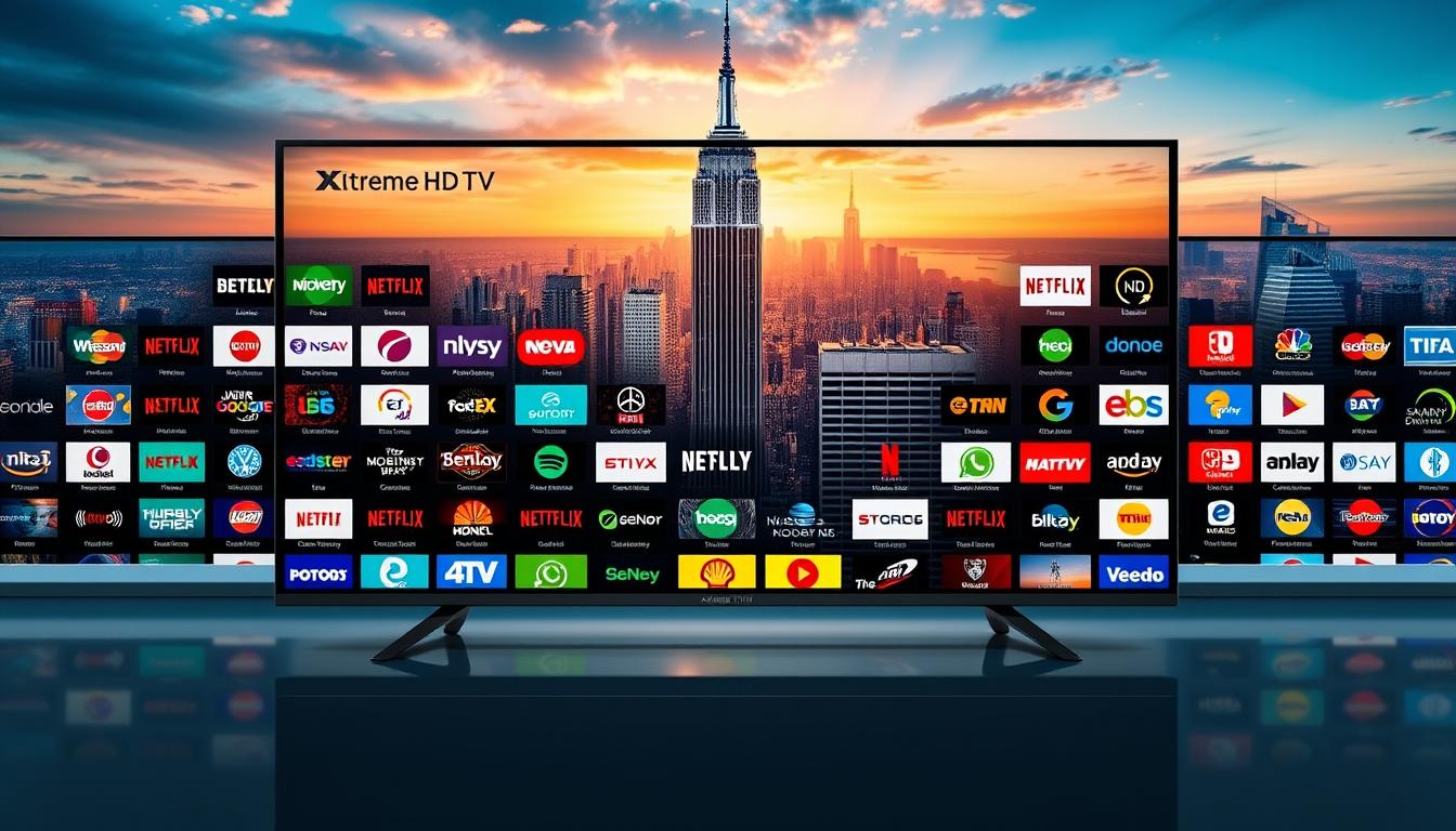A visually striking panorama showcasing the diverse channel selection of Xtreme HD IPTV. In the foreground, a sleek and modern media center display showcases a vibrant array of channel logos, each one a gateway to a world of entertainment. The middle ground features a seamless integration of cutting-edge user interface, highlighting the comprehensive nature of the platform. In the background, a towering cityscape serves as a backdrop, hinting at the global reach and connectivity of the Xtreme HD IPTV service. The overall scene is bathed in a warm, cinematic lighting, creating a sense of immersion and premium quality. The composition emphasizes the sheer breadth and depth of the channel selection, inviting the viewer to explore the boundless entertainment possibilities.
