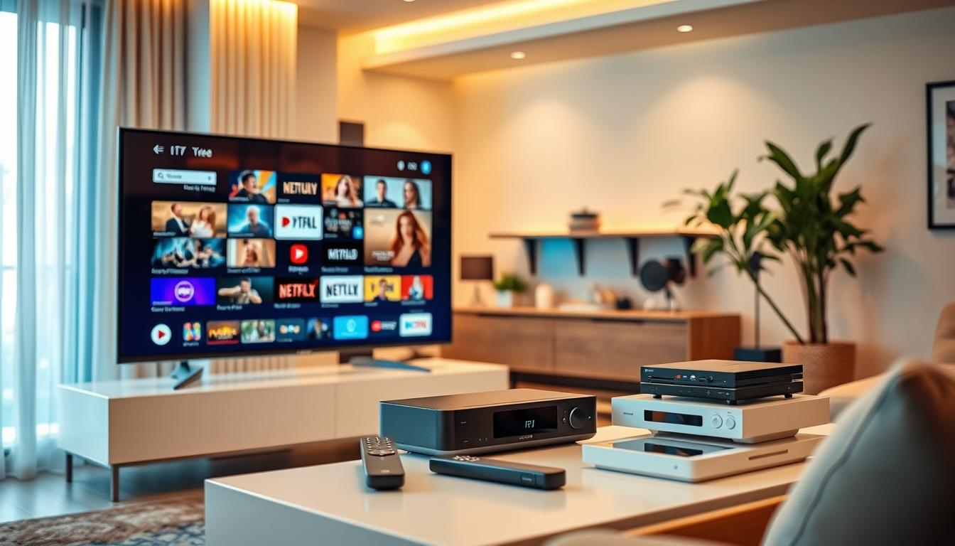A high-end home entertainment system showcasing a premium IPTV service. In the foreground, a sleek modern television displays a diverse selection of live channels and on-demand content. The middle ground features a high-end streaming device, remote control, and a stack of media players, all positioned on a minimalist entertainment console. The background depicts a cozy living room setting, with warm lighting, lush houseplants, and tasteful decor, creating an inviting atmosphere. The overall scene conveys the luxurious and immersive experience of a premium IPTV subscription, catering to the needs of discerning entertainment enthusiasts.