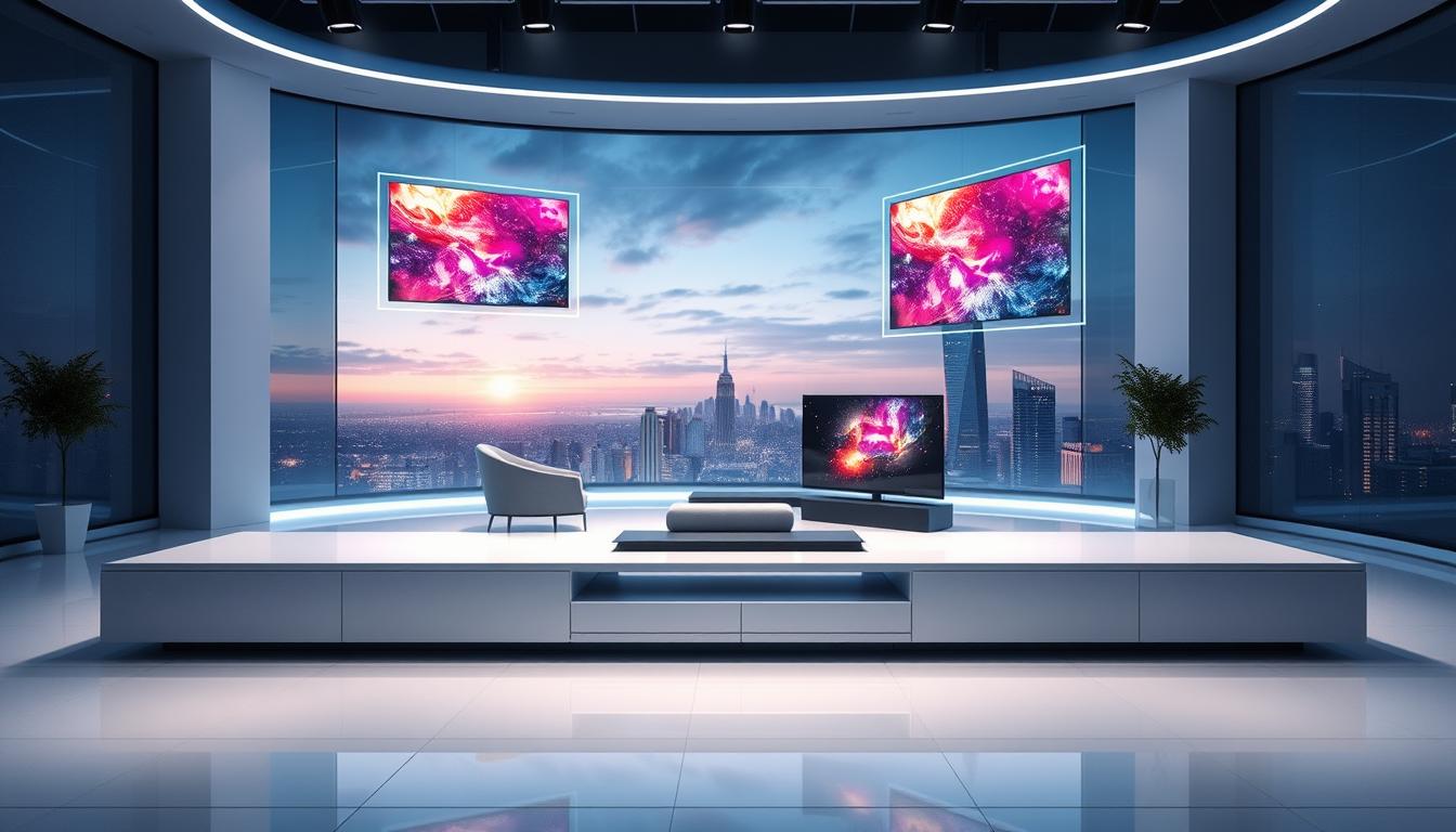A modern, futuristic studio setting showcasing the latest IPTV technology. A sleek, minimalist media console dominates the foreground, its clean lines and polished surfaces reflecting a soft, ambient lighting. Floating holographic displays demonstrate the seamless integration of IPTV, with vibrant, high-definition visuals that immerse the viewer in a next-generation television experience. The middle ground features a comfortable, ergonomic seating arrangement, hinting at the user-centric design philosophy. The background depicts a panoramic cityscape, illustrating how IPTV transcends traditional boundaries and delivers a truly connected, cloud-based entertainment ecosystem.