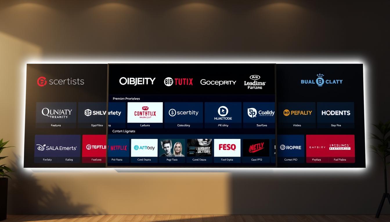 A digital display showcasing the logos and offerings of leading IPTV providers catering to adult content enthusiasts. A sleek, modern interface with a high-contrast color scheme, framed by a muted background that conveys a sense of discretion and exclusivity. The layout is clean and organized, allowing easy comparison of features, pricing, and content libraries across the top providers in this niche market. Cinematic lighting accentuates the premium feel, with a subtle depth-of-field effect drawing the viewer's attention to the central display. The overall atmosphere is one of discreet sophistication, catering to a discerning adult audience seeking a seamless, high-quality streaming experience.