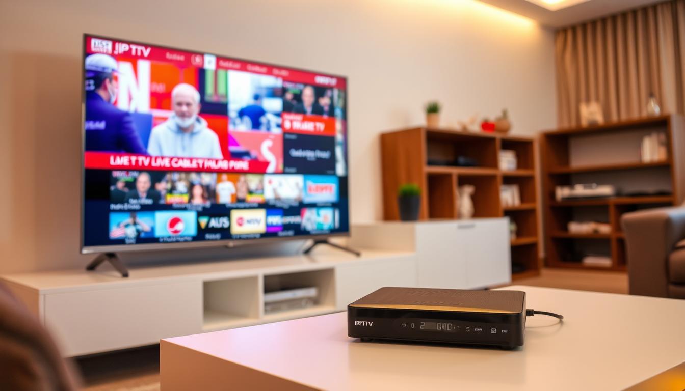 A modern living room setup with a smart TV displaying a live stream of various cable TV channels. The TV screen shows a vibrant, high-definition image of a news broadcast, sports event, or popular TV show. The room is well-lit, with soft, warm lighting that creates a cozy and inviting atmosphere. In the foreground, a sleek, black IPTV set-top box sits on a minimalist entertainment center, connected to the TV via HDMI. The set-top box's interface displays a user-friendly menu, showcasing the breadth of live TV channels and on-demand content available through the IPTV service. The overall scene conveys the convenience, versatility, and quality of IPTV technology for seamless live TV streaming in the comfort of one's home.