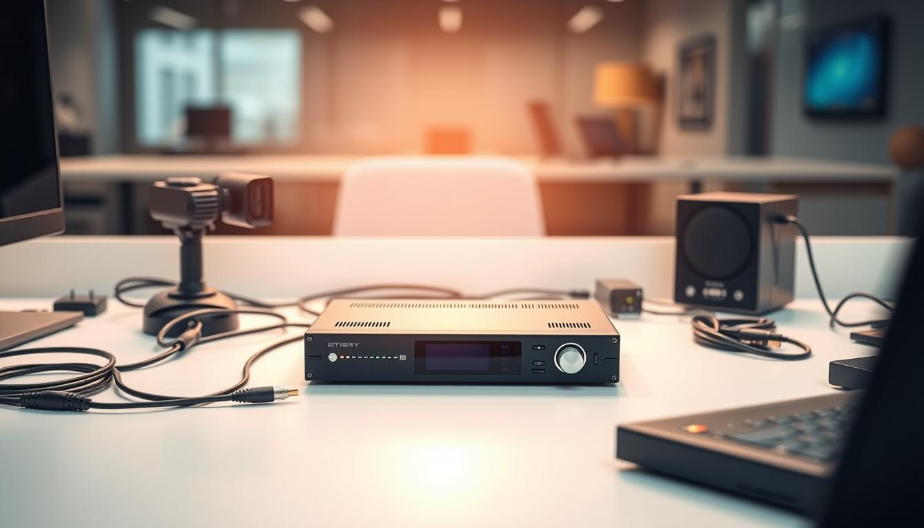A sleek, modern IPTV encoder setup placed on a clean, minimalist desk. The encoder is the central focus, illuminated by soft, diffused lighting that casts a warm glow. Surrounding it are various cables, connectors, and peripheral devices, all neatly organized and arranged for optimal functionality. The background is blurred, with subtle hints of a professional office or media production environment. The overall composition conveys a sense of efficiency, reliability, and technological sophistication, perfectly suited for an article on choosing the right IPTV encoder.