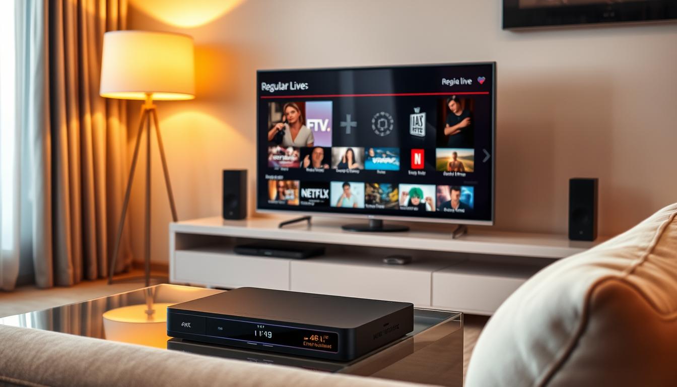 A sophisticated living room setup with a modern 4K IPTV streaming device, the Proiptvstream, prominently displayed on a sleek entertainment center. The device's interface showcases a selection of adult entertainment channels alongside regular live TV options, creating an immersive and discreet viewing experience. Soft, warm lighting from a nearby floor lamp casts a cozy glow, while a plush, inviting couch sets the mood for a comfortable, private viewing session. The overall scene evokes a sense of luxury, technology, and the progressive integration of adult content into the modern IPTV landscape.