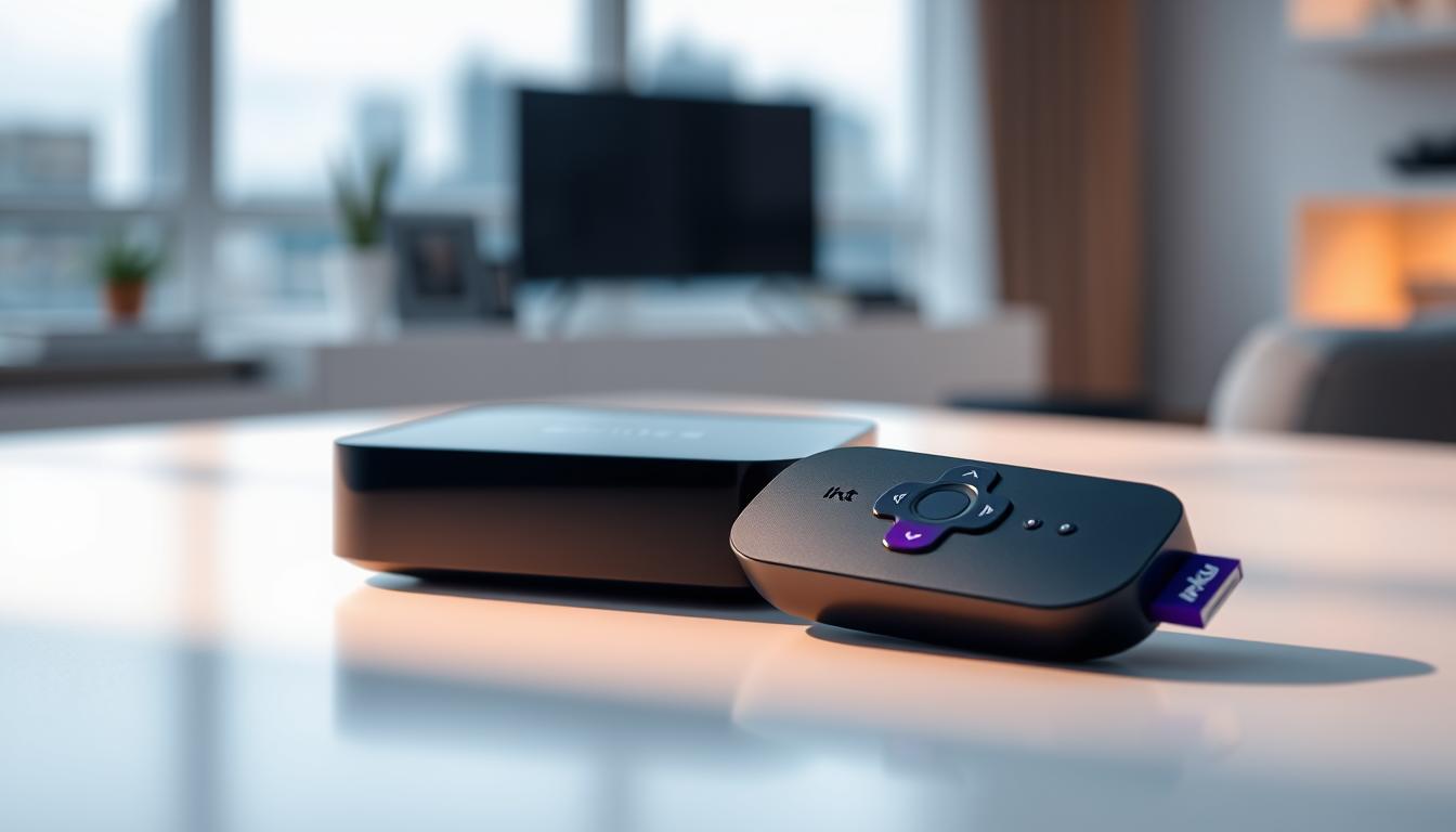 A sleek, modern Roku device prominently displayed, showcasing the "iptv for roku" brand logo. The device is situated on a minimalist, well-lit desk, casting a soft, diffused glow across the scene. In the background, a blurred cityscape or living room setting provides a subtle, yet sophisticated context. The overall composition conveys a sense of technological elegance and the promise of seamless, high-quality streaming experiences.