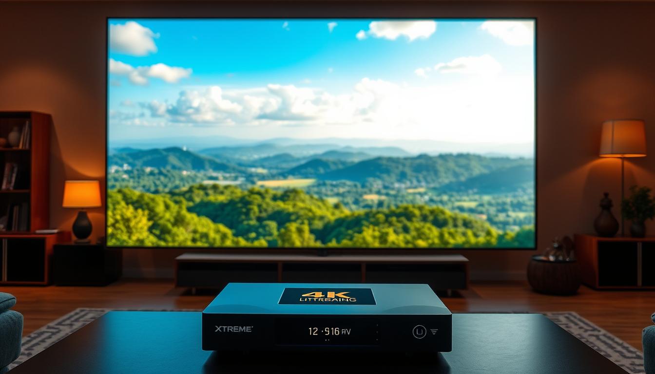 A vibrant and immersive 4K ultra-high-definition IPTV streaming experience, showcasing the unparalleled visual clarity and cinematic quality of Xtreme HD IPTV. In the foreground, a sleek and modern entertainment setup with a large flat-screen TV displaying a breathtaking nature scene, surrounded by a warm and cozy living room atmosphere. The middle ground features a state-of-the-art streaming device, its interface radiating a vivid, high-contrast display. In the background, a vast panoramic vista of a lush, verdant landscape, bathed in soft, diffuse natural lighting that creates a sense of depth and realism. The overall mood is one of immersion, comfort, and technological sophistication, perfectly encapsulating the premium streaming experience offered by Xtreme HD IPTV.
