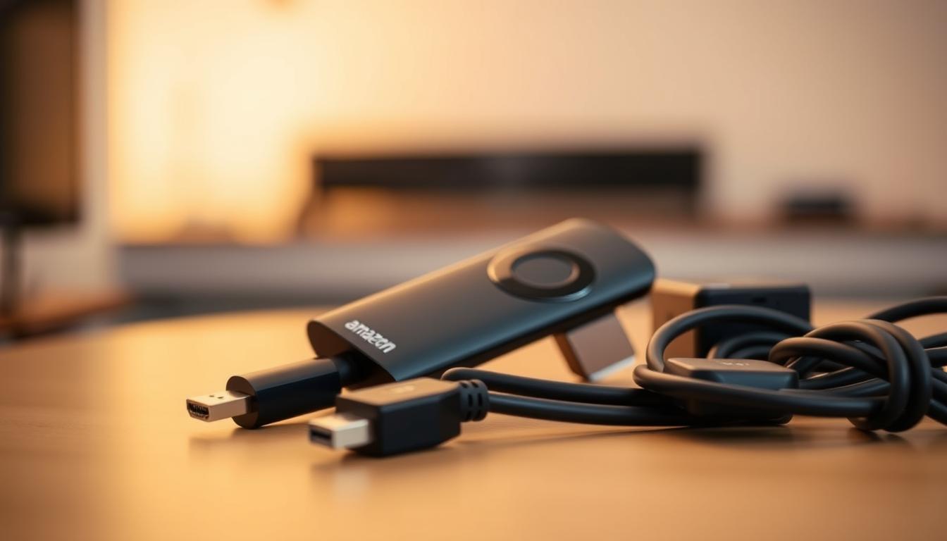 A close-up view of a modern Amazon Firestick device resting on a wooden table. The Firestick is centered in the frame, its sleek black casing and HDMI connector clearly visible. The lighting is soft and even, creating a warm, inviting atmosphere. In the foreground, various cables and accessories like an HDMI extender and power adapter are neatly arranged, hinting at the preparation required for a Smart IPTV installation. The background is blurred, keeping the focus on the Firestick and its supporting components. Overall, the image conveys a sense of organization and readiness for the IPTV setup process.