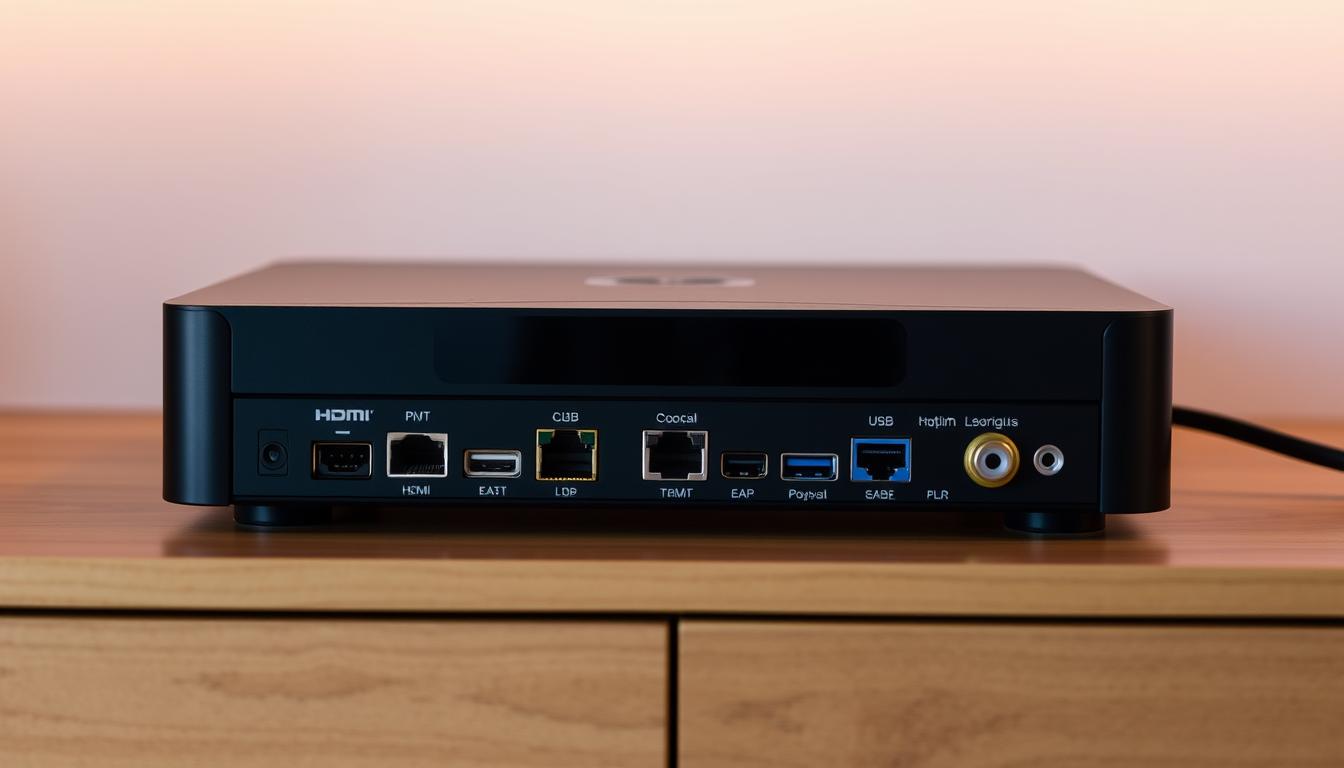 A sleek, modern IPTV hardware setup with various connectivity options. A set-top box with multiple ports for HDMI, Ethernet, USB, and coaxial cable rests on a minimalist wooden shelf. Ambient lighting casts a warm glow, highlighting the clean lines and matte finishes of the devices. The arrangement suggests a well-integrated, streamlined solution for optimal IPTV streaming performance. The scene conveys a sense of technological sophistication and user-friendly design, reflecting the considerations for a seamless IPTV experience.