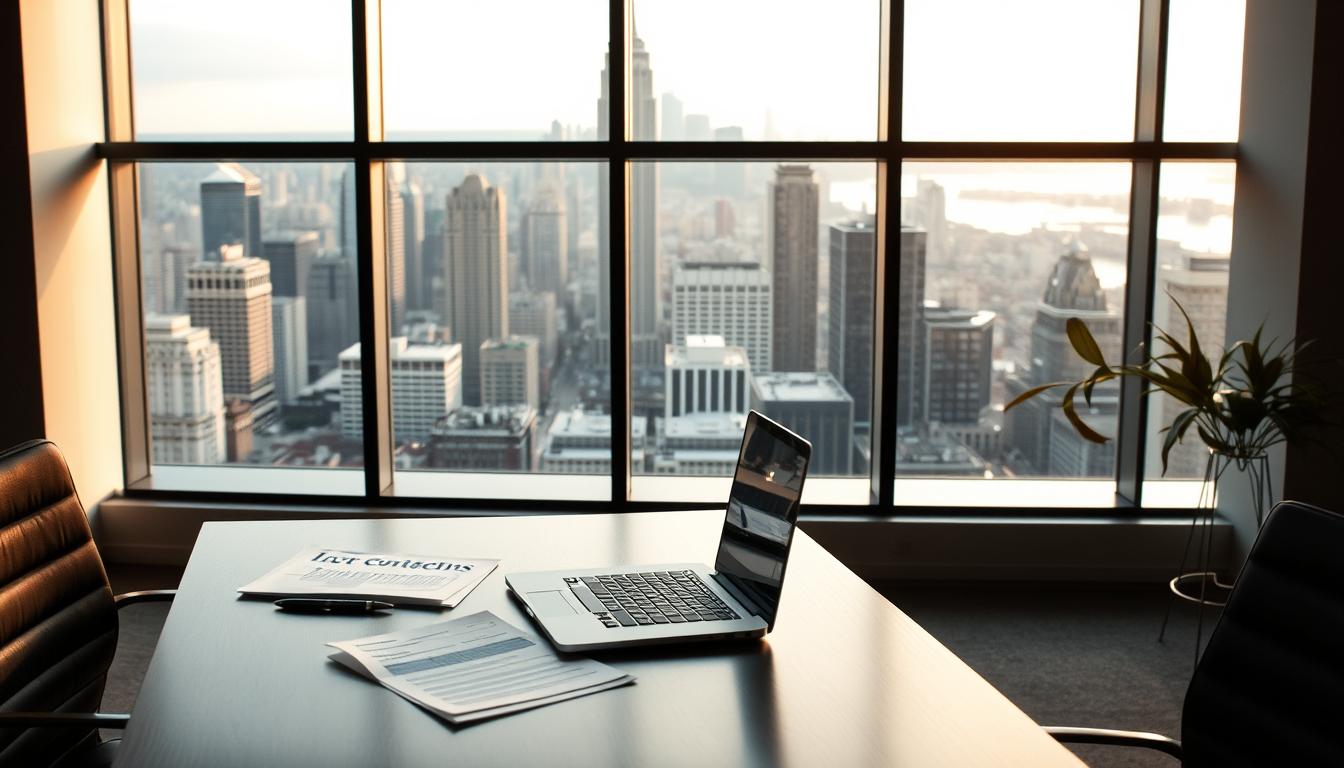 A modern and sleek office interior with a large floor-to-ceiling window overlooking a bustling city skyline. On the desk, an open laptop displays legal documents and research materials, hinting at the complex considerations surrounding IPTV and adult content. The lighting is warm and balanced, creating a professional yet contemplative atmosphere. The room is sparsely decorated, with minimalist decor and a subtle color palette, allowing the focus to remain on the thoughtful deliberation of the subject matter.