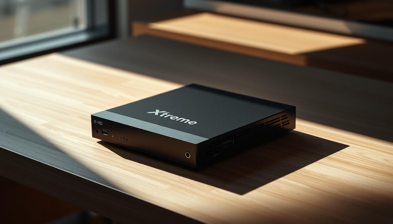 A sleek, high-tech IPTV device resting on a modern, minimalist desk. The device, with a matte black finish, features a clean, minimalist design with subtle indicators and ports. The desk is made of a light-colored wood, with a smooth, seamless surface. Dramatic side lighting casts long shadows, creating a sense of depth and drama. The background is blurred, but hints at a sophisticated, tech-forward environment. The overall scene conveys the advanced, versatile nature of the Xtreme HD IPTV device and its compatibility with a wide range of applications and devices.