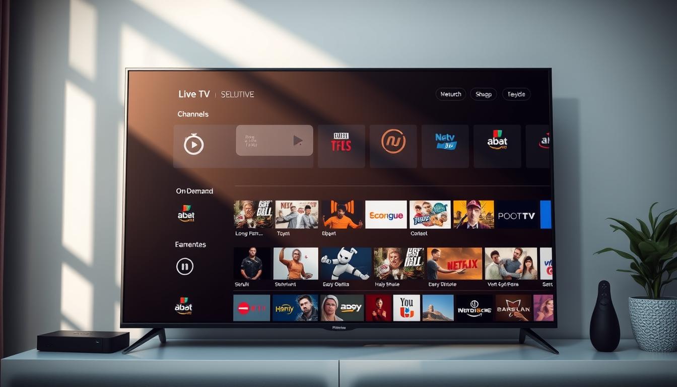 A high-quality, premium IPTV service provider offering a vast selection of live TV channels, on-demand content, and advanced features. The scene depicts a sleek, modern interface showcasing various channel categories and content recommendations. The interface is displayed on a high-resolution screen, with a clean, minimalist design that emphasizes the content. The lighting is soft and natural, creating a pleasant, inviting atmosphere. The overall composition is balanced, with the screen taking center stage and complementary elements like remote controls or devices subtly integrated into the background. The image conveys a sense of professionalism, reliability, and the convenience of a premium IPTV service.