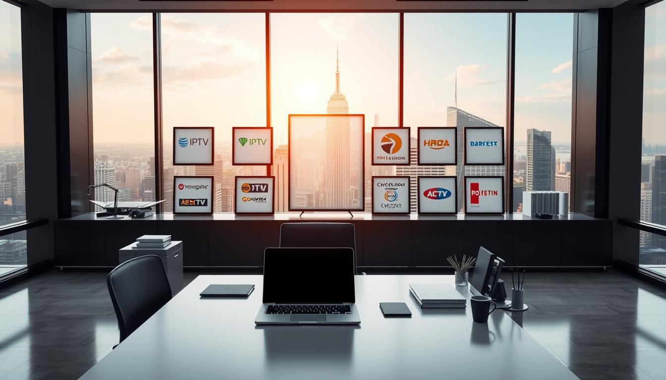 A sleek, modern office setting, with a large desk and ergonomic chair in the foreground. On the desk, a laptop and various office supplies are neatly arranged, conveying a sense of organization and professionalism. In the middle ground, several framed displays showcase various IPTV service provider logos and features, highlighting the comparative aspects of these services. The background features a large window overlooking a bustling city skyline, bathed in warm, natural lighting that creates a welcoming atmosphere. The overall scene should evoke a sense of informed decision-making and the importance of carefully evaluating IPTV service providers to find the perfect fit.