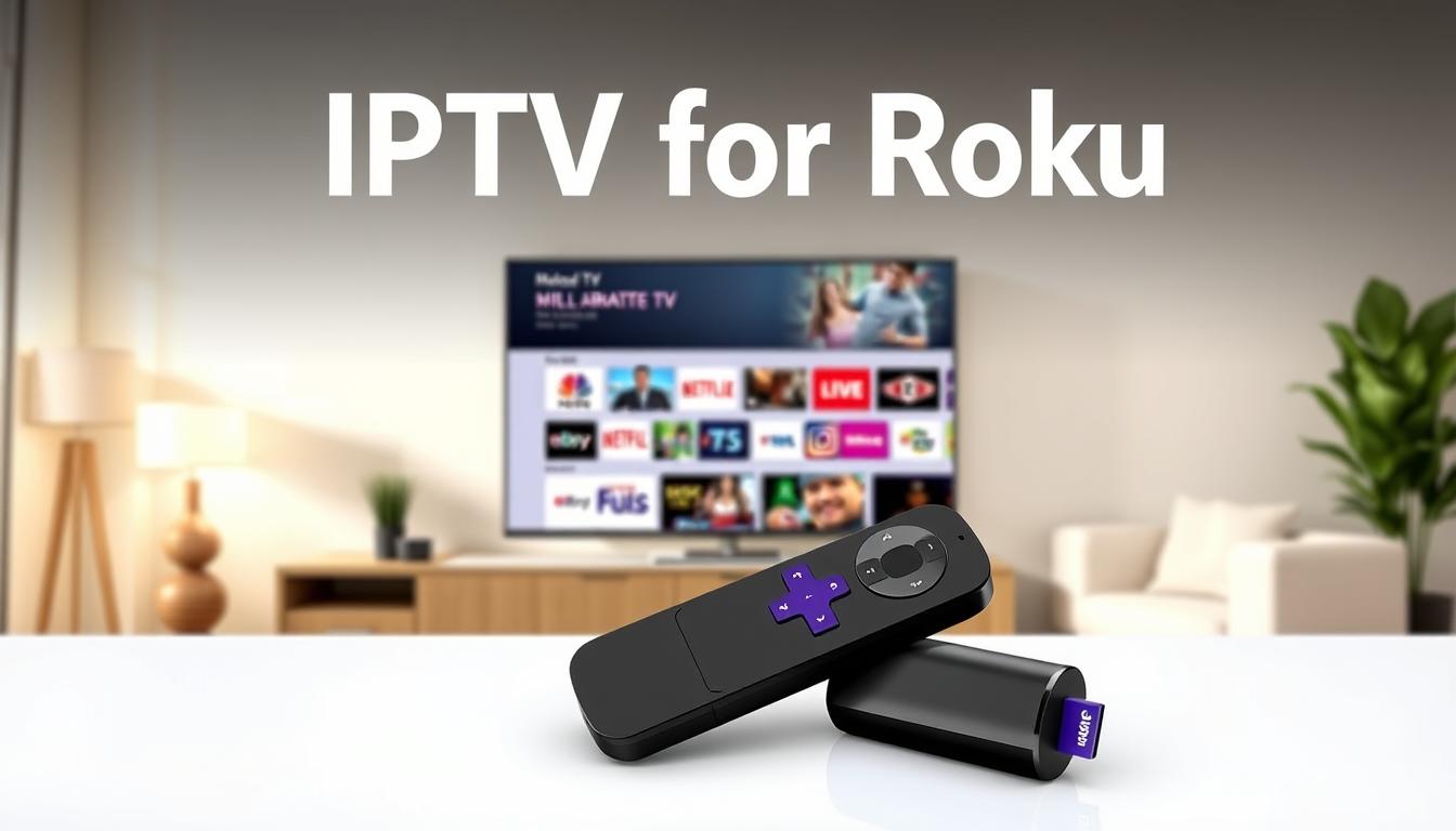 A high-quality, realistic image of the "IPTV for Roku" brand and subscription service. The image should showcase a modern, sleek Roku device in the foreground, highlighting its seamless integration with the IPTV service. The middle ground should feature a clean, user-friendly interface displaying a wide array of live TV channels and on-demand content, emphasizing the breadth of the IPTV subscription. The background should depict a cozy living room setting, with soft lighting and comfortable furniture, conveying the relaxed and immersive viewing experience. The overall composition should exude a sense of premium quality, reliability, and user-friendliness, reflecting the "Best IPTV for Roku" promise.