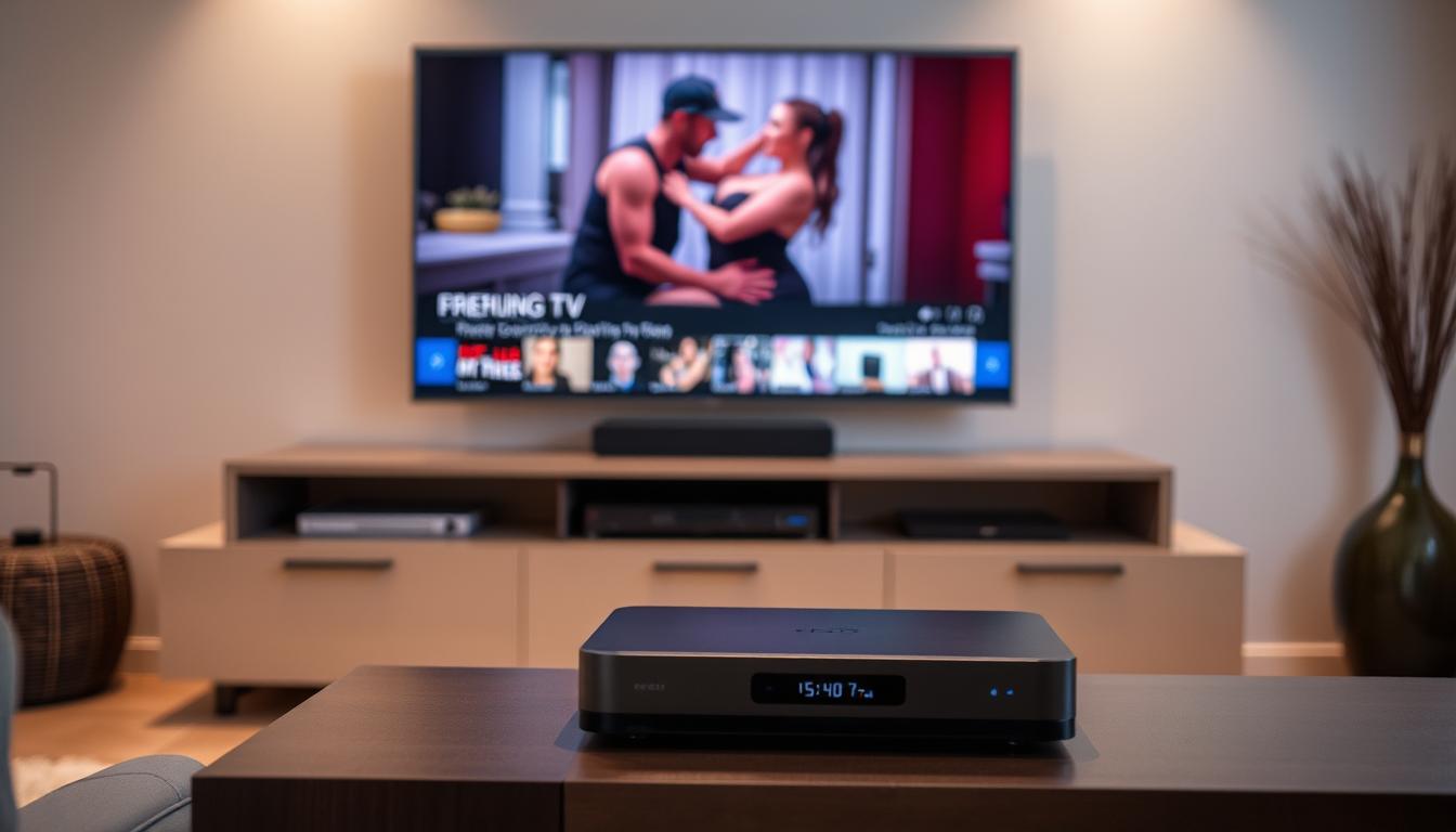A modern, well-equipped home entertainment hub with a sleek, minimalist design. In the foreground, a high-end IPTV set-top box sits atop a contemporary media console, its clean lines and muted tones hinting at the wealth of adult content available through its subscription service. In the middle ground, a large, high-definition television displays a captivating adult scene, the image sharp and vibrant, drawing the viewer's attention. The background is softly lit, creating a warm, inviting atmosphere, suggesting the comfort and convenience of accessing premium adult entertainment from the comfort of one's own home.