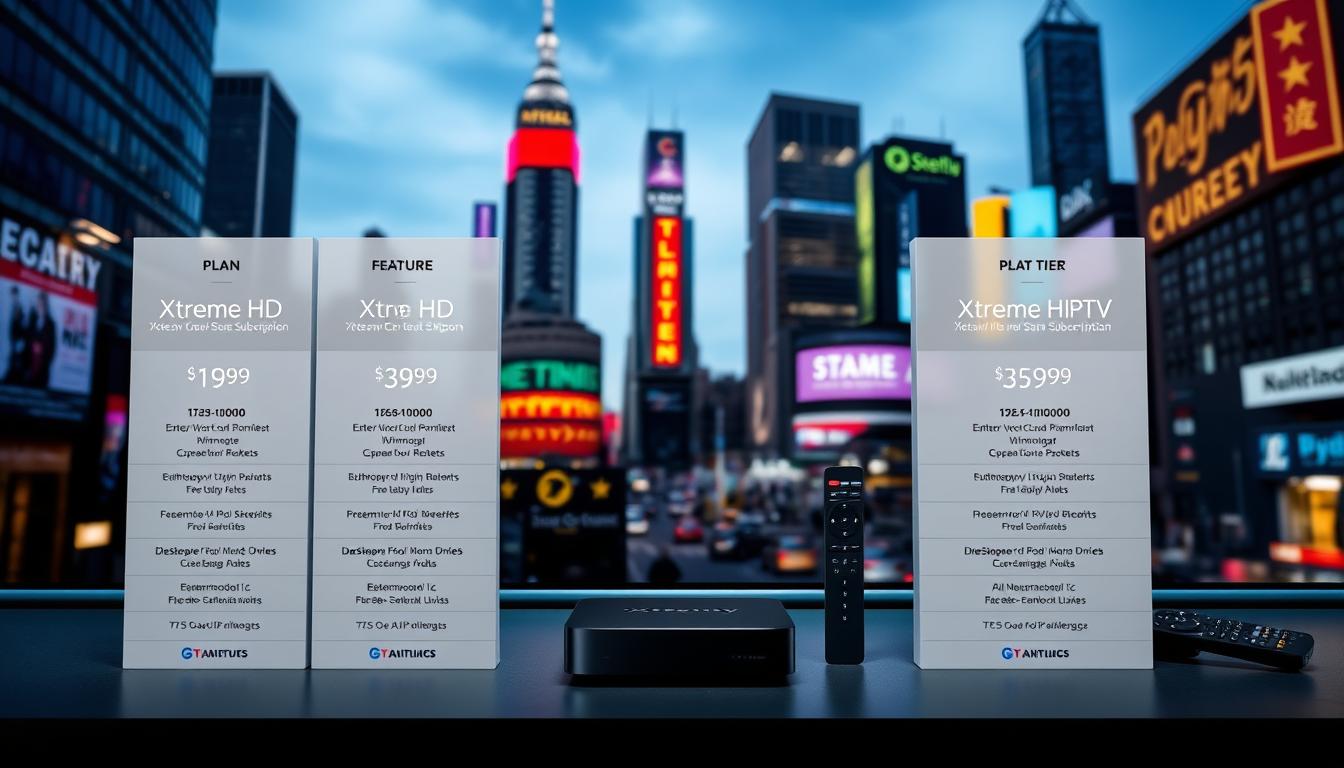 A sleek, modern interface showcasing the Xtreme HD IPTV subscription plans with a clean, minimalist design. In the foreground, various plan tiers are displayed with clear pricing details, feature highlights, and subscription durations. The middle ground features product shots of streaming devices, remote controls, and other IPTV hardware. The background depicts a vibrant cityscape with skyscrapers and neon signage, conveying the idea of high-quality, high-definition entertainment. The lighting is soft and directional, creating depth and emphasis on the key elements. The overall mood is one of sophistication, technology, and entertainment.