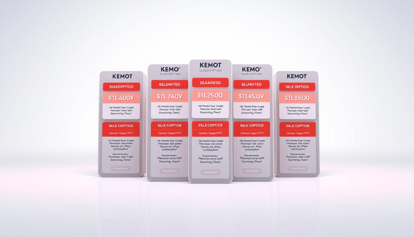 A high-quality, fully-detailed 3D illustration of KEMO IPTV subscription plans, showcasing the various packages and pricing options against a clean, minimalist background with soft, indirect lighting. The plans are presented as a set of stylized, stacked cards or modules with clear delineation between each tier, highlighting the key features and benefits of each subscription level. The overall composition should convey a sense of professionalism, value, and a premium streaming experience.