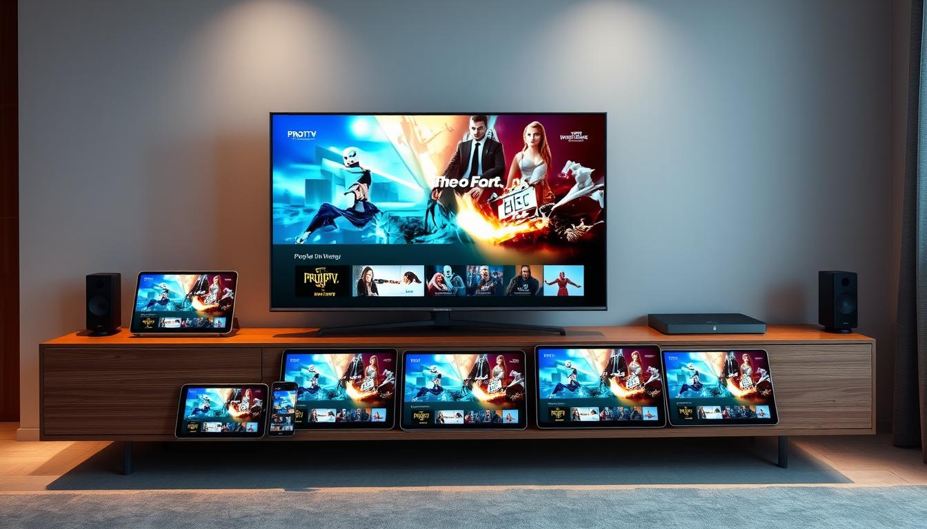A modern, sleek home entertainment system with multiple screens showcasing various streaming content from the ProIPTV service. The central TV screen displays vibrant, high-definition visuals, while smaller tablets and smartphones surrounding it mirror the same programming, allowing for seamless multi-device viewing. Soft, diffused lighting from hidden sources illuminates the setup, creating a cozy and immersive atmosphere. The arrangement is elegantly positioned on a minimalist, wood-paneled media console, conveying a sense of sophistication and technological prowess. The overall scene exudes a premium, futuristic aesthetic that reflects the cutting-edge features of the ProIPTV streaming platform.