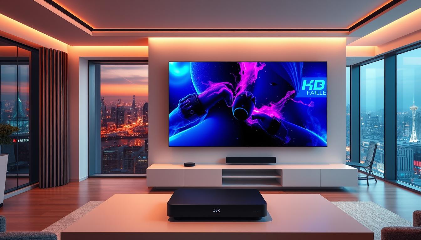 A sleek, futuristic living room with a large, wall-mounted 4K OLED television displaying vibrant, crystal-clear HD content. The room is bathed in warm, ambient lighting, creating a cozy and immersive atmosphere. In the foreground, a modern, minimalist entertainment center houses a state-of-the-art IPTV set-top box, the centerpiece of the room's home entertainment system. The background features floor-to-ceiling windows, offering a panoramic view of a vibrant cityscape, emphasizing the high-quality, high-definition streaming experience.