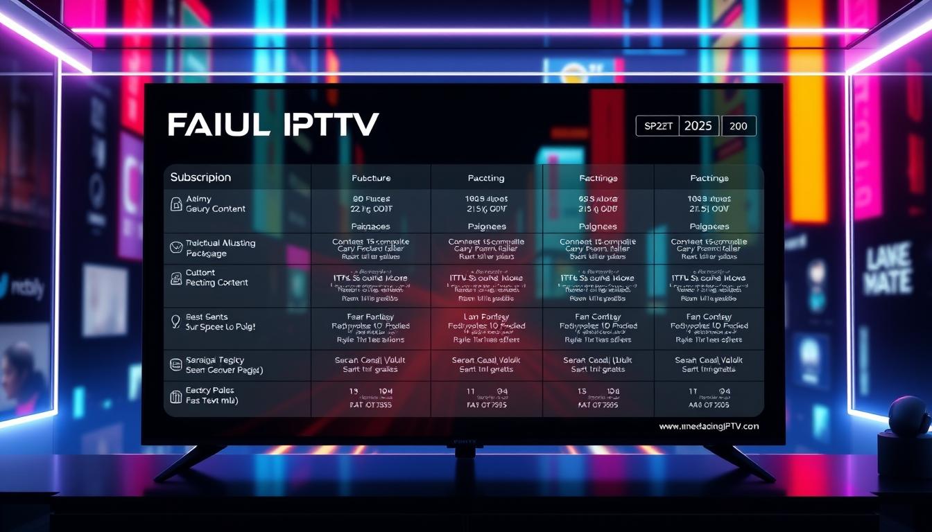 A futuristic interface displaying a comprehensive list of adult IPTV subscription packages in 2025. The screen shows various package tiers, with detailed descriptions of content, pricing, and features. The layout is sleek and minimalist, with clean typography and intuitive icons. The background is a vibrant, neon-infused cityscape, hinting at the modern, cutting-edge nature of the IPTV services. Subtle, ambient lighting creates a sense of depth and sophistication. The overall mood is one of technological progress and the ever-expanding world of adult entertainment options for the modern consumer.