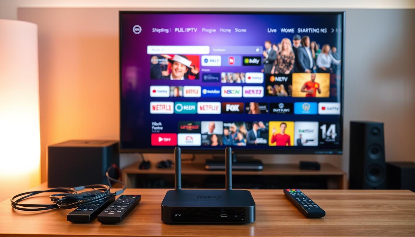 A modern home media setup with a smart TV, streaming box, and wireless router prominently displayed. The TV screen shows a sleek IPTV interface with a wide selection of live channels and on-demand content. Surrounding the setup are various remote controls, cables, and other home entertainment devices, all bathed in warm, inviting lighting. The overall scene conveys the ease and convenience of getting an IPTV service set up in a contemporary living space.