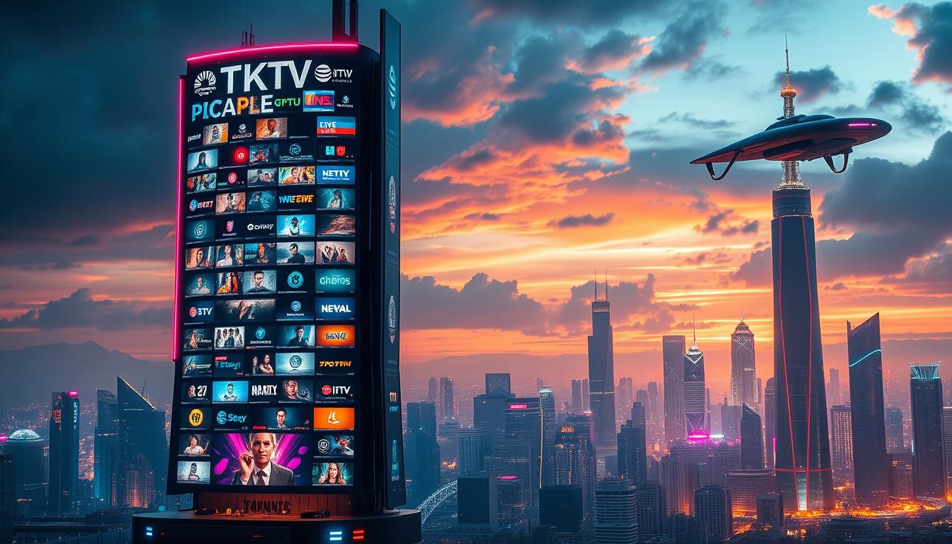 Dramatic, futuristic skyline with a towering, cutting-edge media center in the foreground, bathed in vibrant neon lighting. Sleek, high-tech interface displays showcasing a diverse range of digital entertainment options, from live TV channels to on-demand movies and TV shows. In the background, a cityscape of gleaming skyscrapers and hovercraft, representing the advancements of the digital age. The scene conveys a sense of innovation, connectivity, and the transformative power of pro IPTV services in shaping the future of entertainment.
