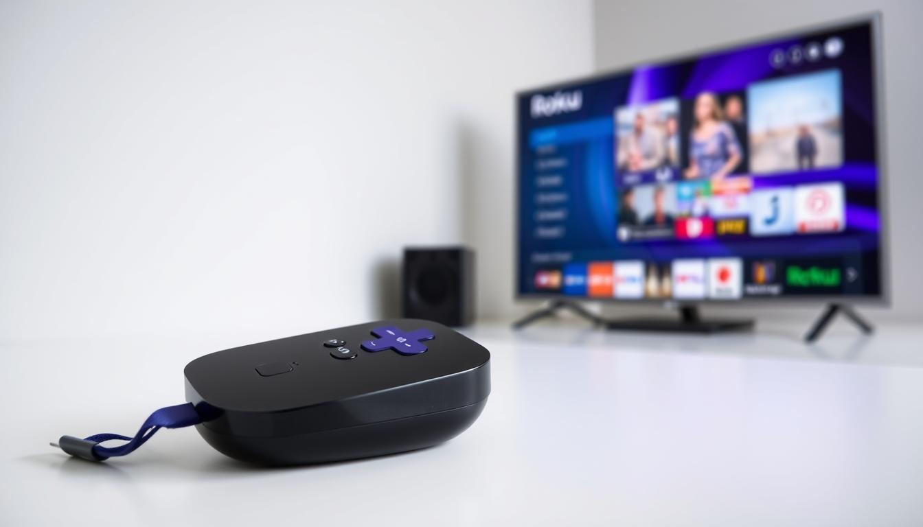 A sleek and modern-looking Roku streaming device prominently displayed in the foreground, showcasing its seamless integration with an "IPTV for Roku" service. The device is positioned against a clean, minimalist background, with subtle hints of a vibrant, high-definition video display in the background, suggesting the quality of the IPTV streaming experience. The lighting is soft and flattering, highlighting the device's premium design and highlighting the benefits of using IPTV on a Roku platform. The overall composition and mood convey a sense of simplicity, convenience, and the superior visual quality that the "IPTV for Roku" solution can provide.
