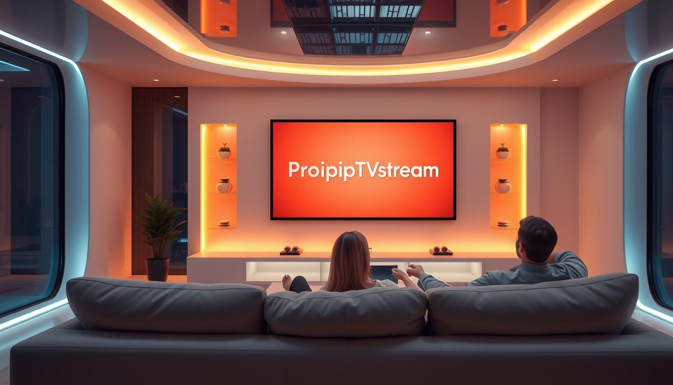 A futuristic living room with a large, 4K flat-screen TV displaying the Proiptvstream logo. The room has sleek, modern furniture and soft, ambient lighting. An adult couple sits comfortably on a plush couch, enjoying the selection of adult content on their IPTV service. The scene conveys a sense of privacy, relaxation, and the convenience of accessing adult entertainment from the comfort of their home.