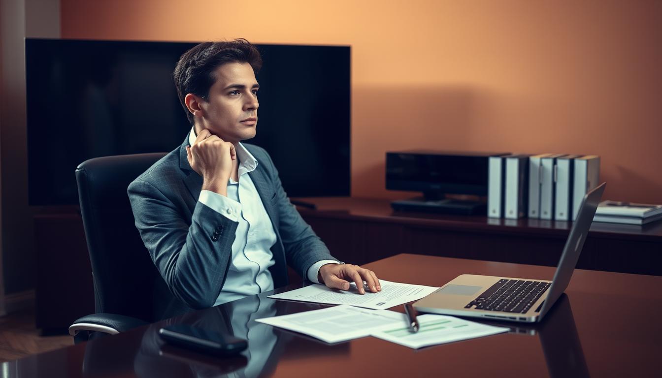 A serene office setting, with a professional-looking person sitting at a desk, contemplating the legality of IPTV services. The desk is neatly organized, with a laptop, a legal document, and a thoughtful expression on the person's face. The background is a warm, muted palette, suggesting a sense of focus and contemplation. Soft, natural lighting illuminates the scene, creating a calming and authoritative atmosphere. The image conveys the subject's need to thoroughly understand the legal implications of IPTV before making a decision.
