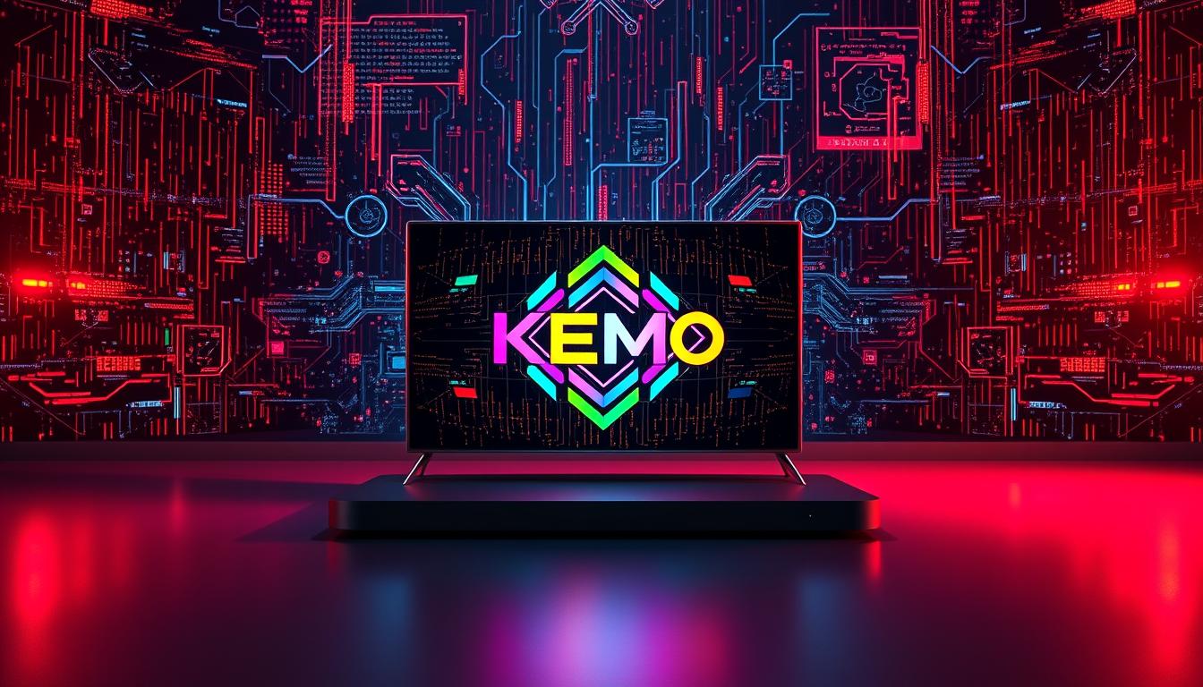 Sleek KEMO IPTV technology surrounded by a futuristic digital landscape. A central display showcases the KEMO logo, its vibrant colors and geometric patterns glowing with a crisp, high-definition clarity. In the background, a matrix of digital signals, lines of code, and abstract data visualizations create a sense of technological sophistication. Dramatic studio lighting casts dramatic shadows, emphasizing the depth and dimensionality of the scene. The overall mood is one of cutting-edge innovation, seamlessly blending hardware, software, and visuals to elevate the streaming experience.